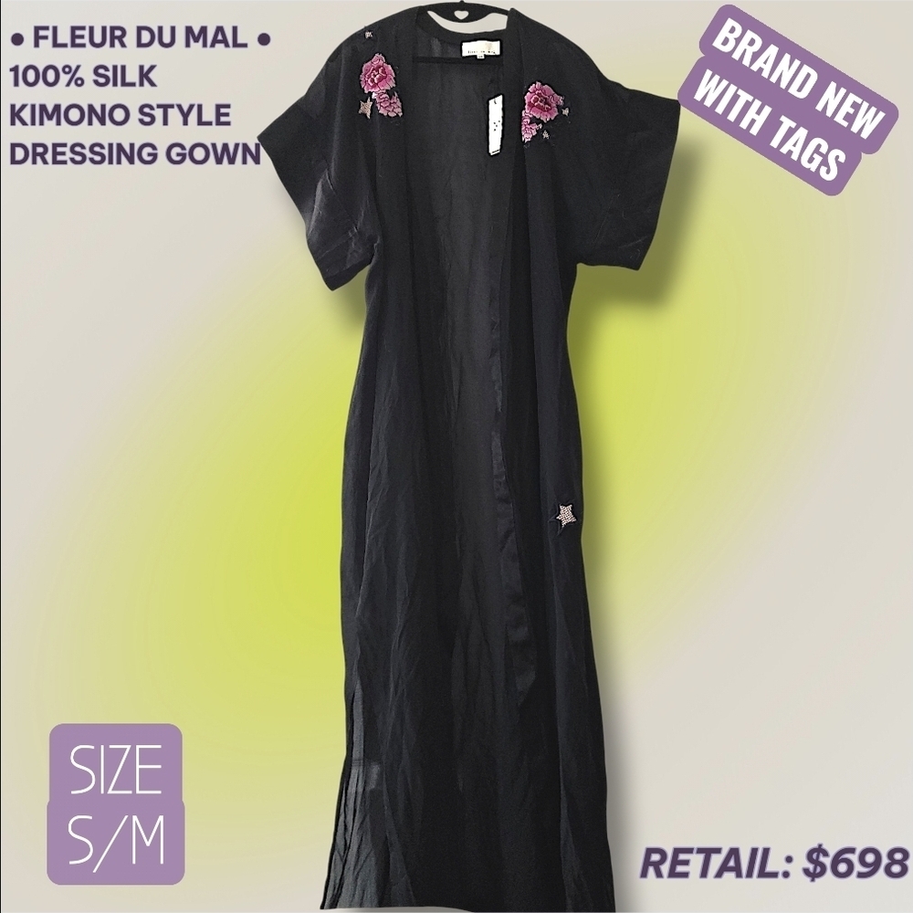 Fleur du Mal Black Silk Kimono with Floral Embroidery
